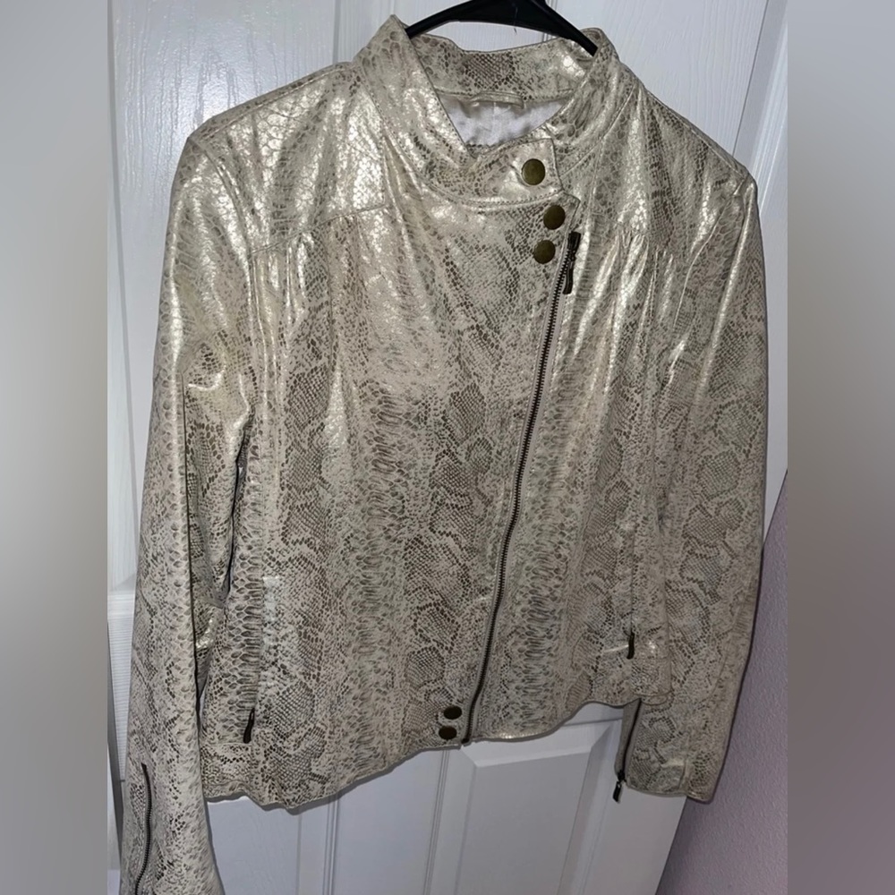 Live a Little, Metallic Gold Snakeskin Print, Leather Moto Jacket, Size M